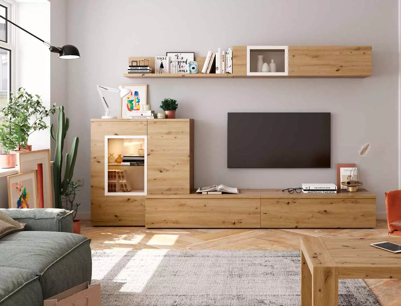 mueble-salon-tv-comedor-aparador-madera-melamina-moderno -economico-roble-blanco-muebles-ramis-517-neo - Muebles Ramis